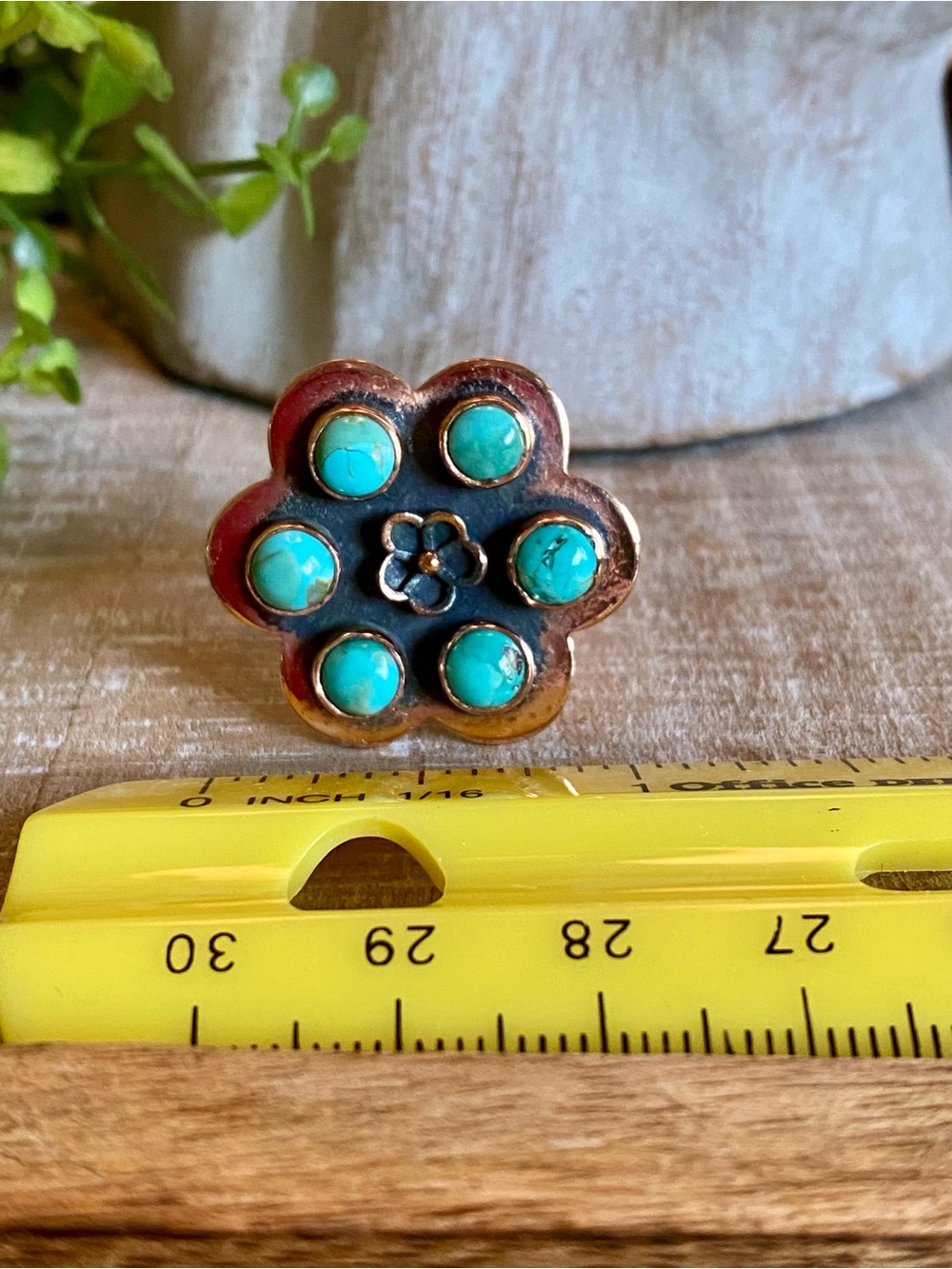 Turquoise copper flower ring southwestern boho rodeo sz 9 (ADJUSTABLE 6-10) - Picture 7 of 9
